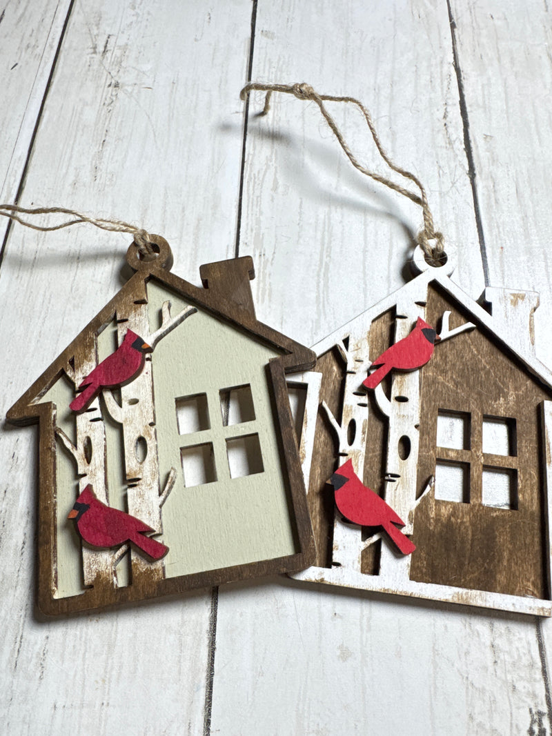 Rustic Cardinal House Ornament – Wooden Christmas Ornament with Red Cardinals | Winter Cabin Décor | Farmhouse Holiday Tree Ornament