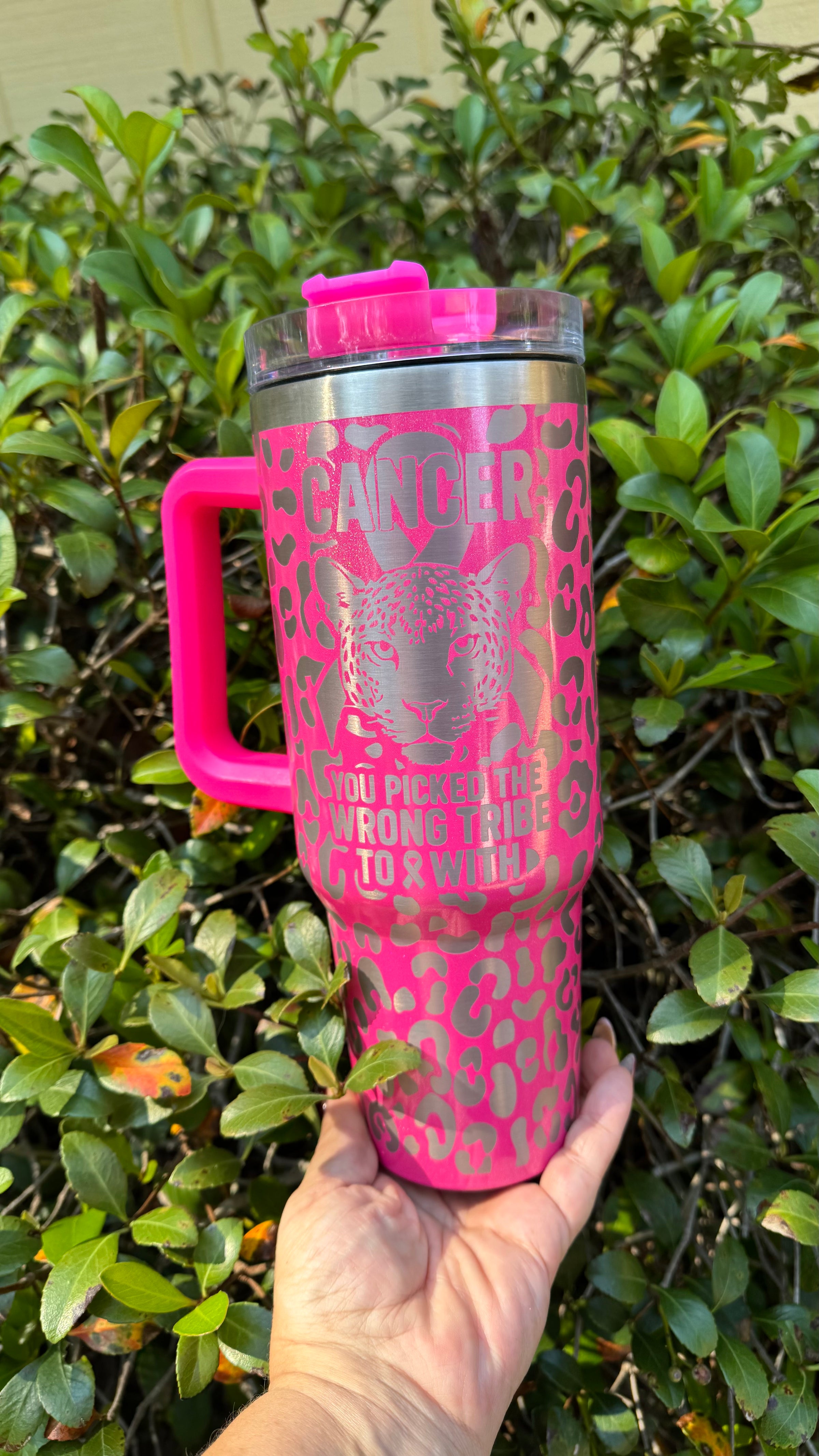 Pink Leopard Cancer Awareness Tumbler – 40oz Stainless Steel Travel Mug with Handle & Straw