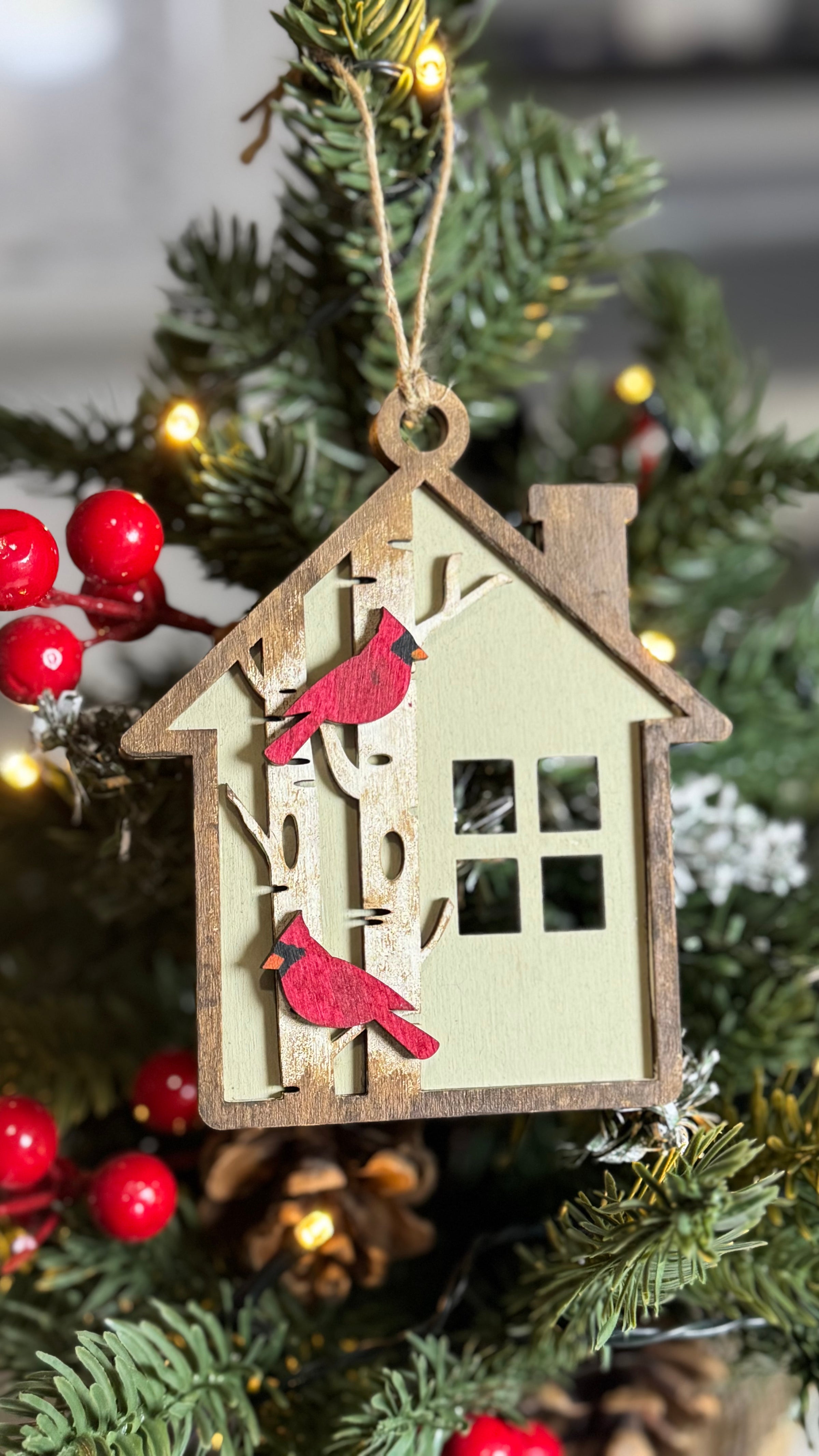 Rustic Cardinal House Ornament – Wooden Christmas Ornament with Red Cardinals | Winter Cabin Décor | Farmhouse Holiday Tree Ornament