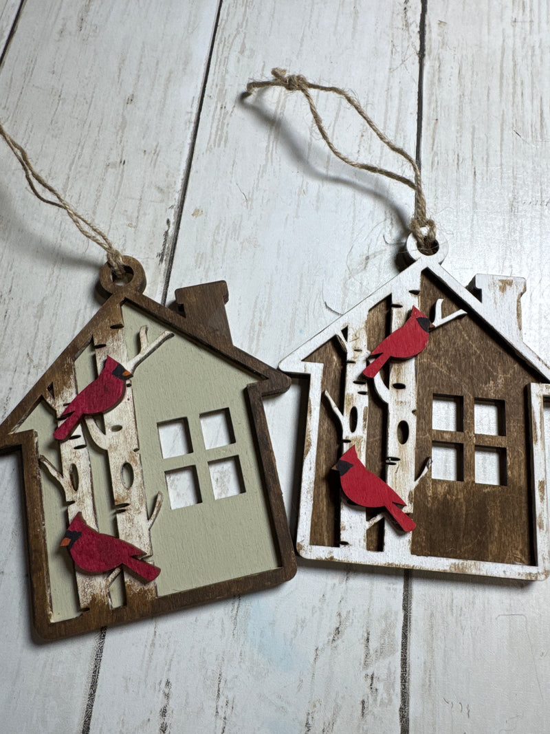 Rustic Cardinal House Ornament – Wooden Christmas Ornament with Red Cardinals | Winter Cabin Décor | Farmhouse Holiday Tree Ornament