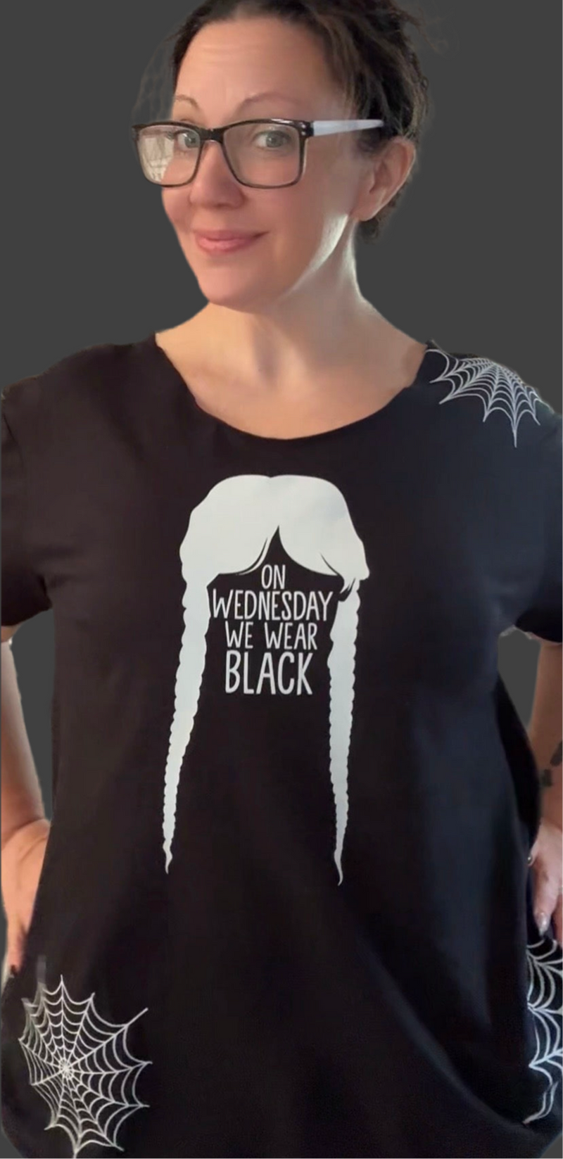 On Wednesday We Wear Black T-Shirt – Gothic Wednesday Addams Graphic Tee with Braids & Spider Web Design