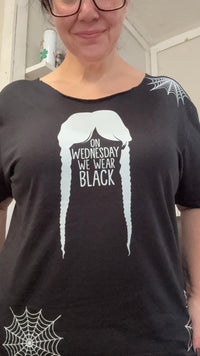 On Wednesday We Wear Black T-Shirt – Gothic Wednesday Addams Graphic Tee with Braids & Spider Web Design