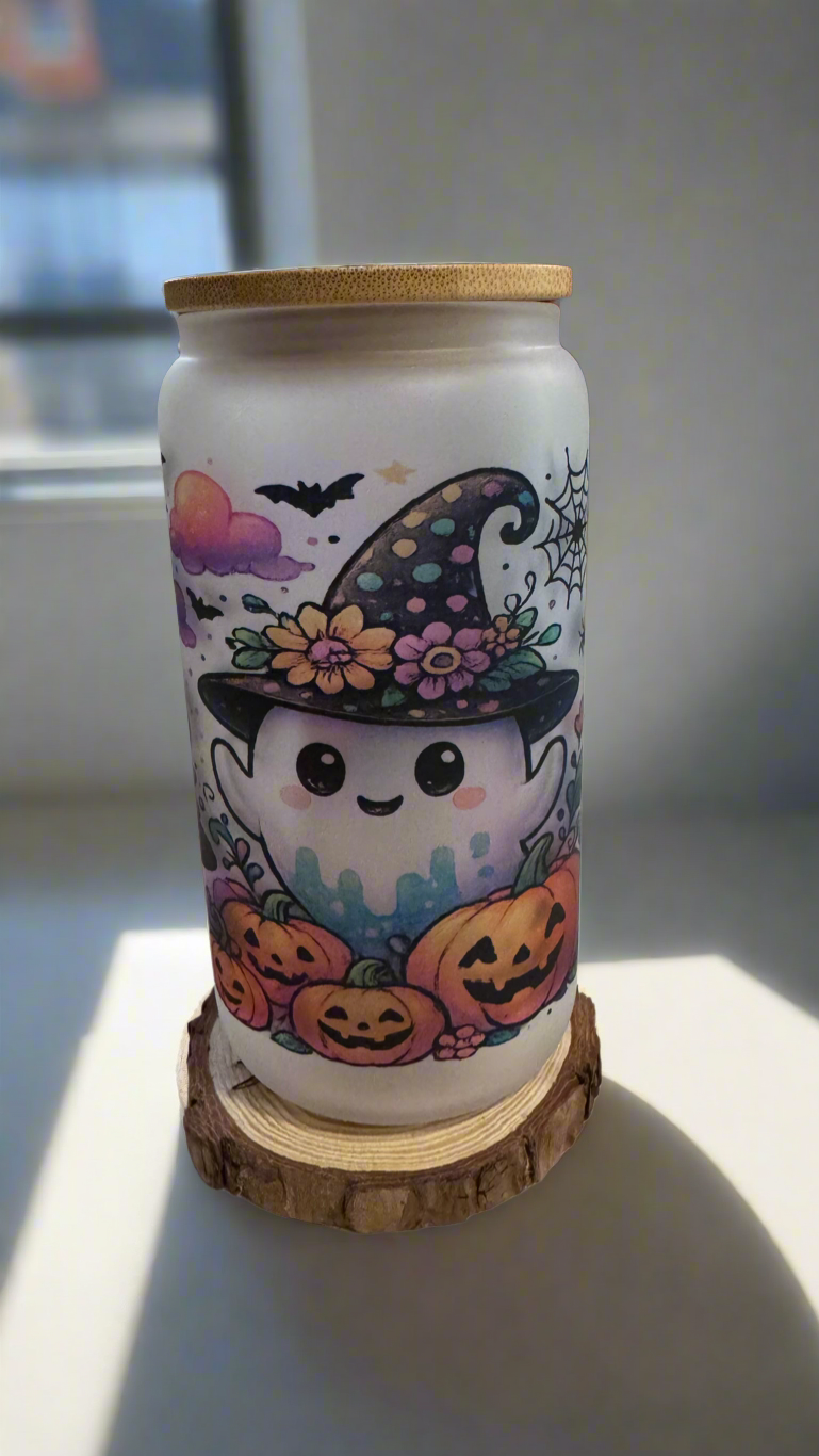 Frosted Glass Halloween Tumbler with Bamboo Lid & Straw – Cute Ghost, Pumpkins & Witch Hat Design