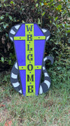 Halloween Coffin Door Hanger/Porch Leaner – 24” x 16” Wooden Welcome Sign, Purple & Green Beetlejuice Inspired Stripes – Front Door Halloween Decoration