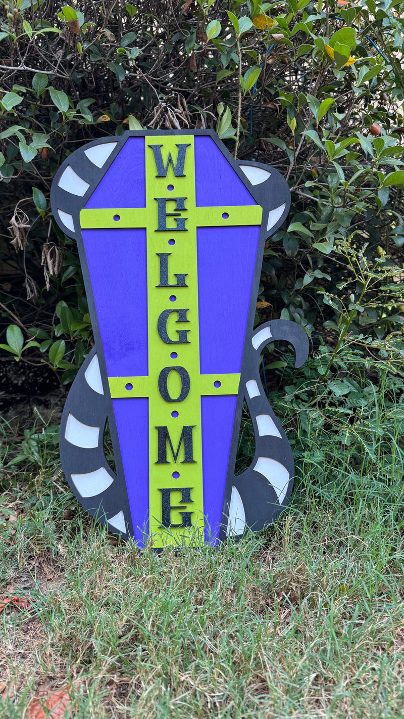 Halloween Coffin Door Hanger/Porch Leaner – 24” x 16” Wooden Welcome Sign, Purple & Green Beetlejuice Inspired Stripes – Front Door Halloween Decoration