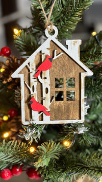 Rustic Cardinal House Ornament – Wooden Christmas Ornament with Red Cardinals | Winter Cabin Décor | Farmhouse Holiday Tree Ornament