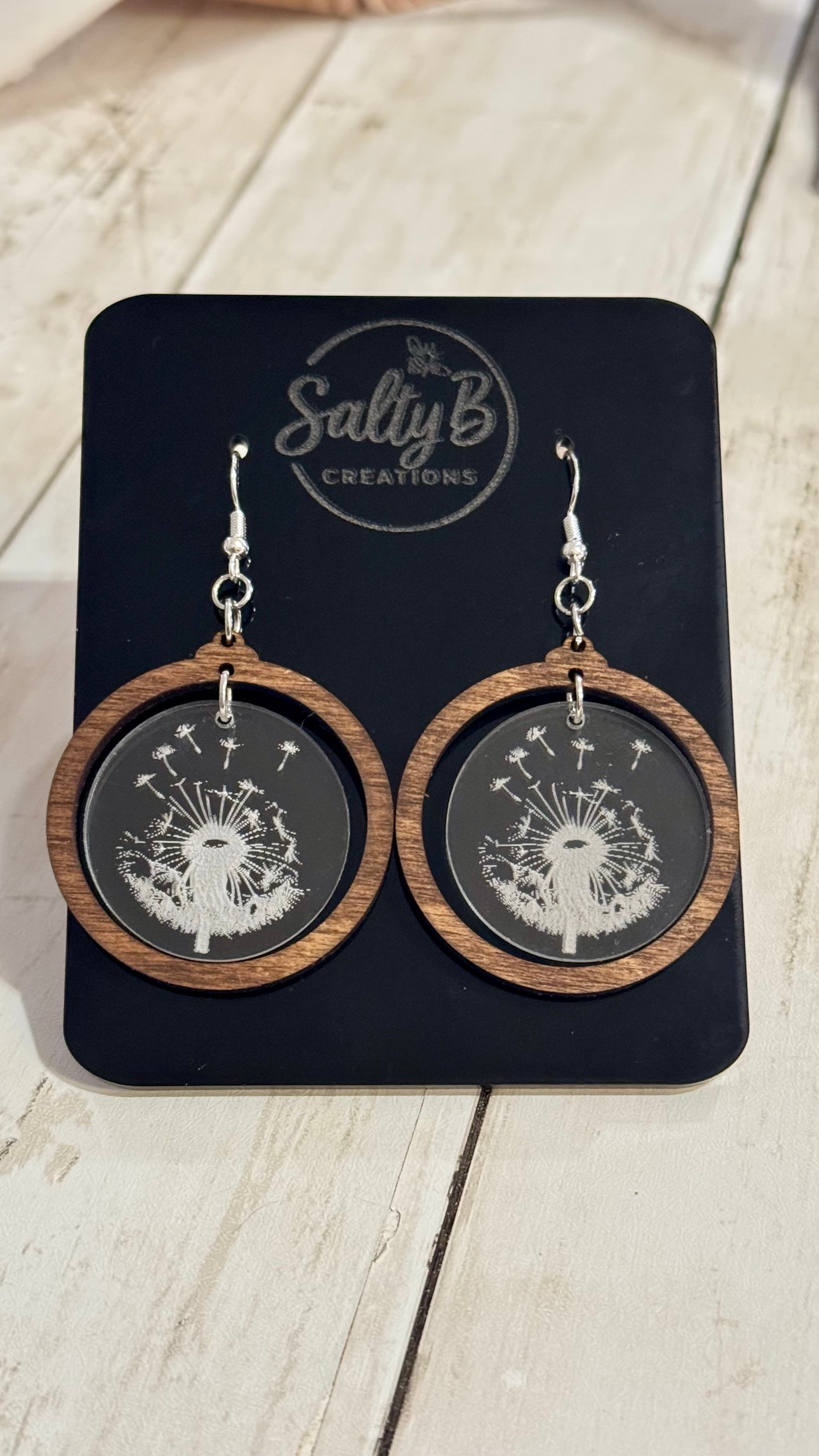 Dandelion Wish Earrings – Laser Engraved Acrylic with Wooden Frame