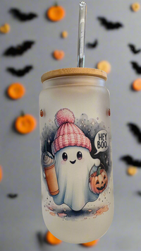 Cute Ghost Glass Can Cup with Bamboo Lid & Straw | Halloween Iced Coffee Tumbler | “Hey Boo” Frosted Cup 16oz
