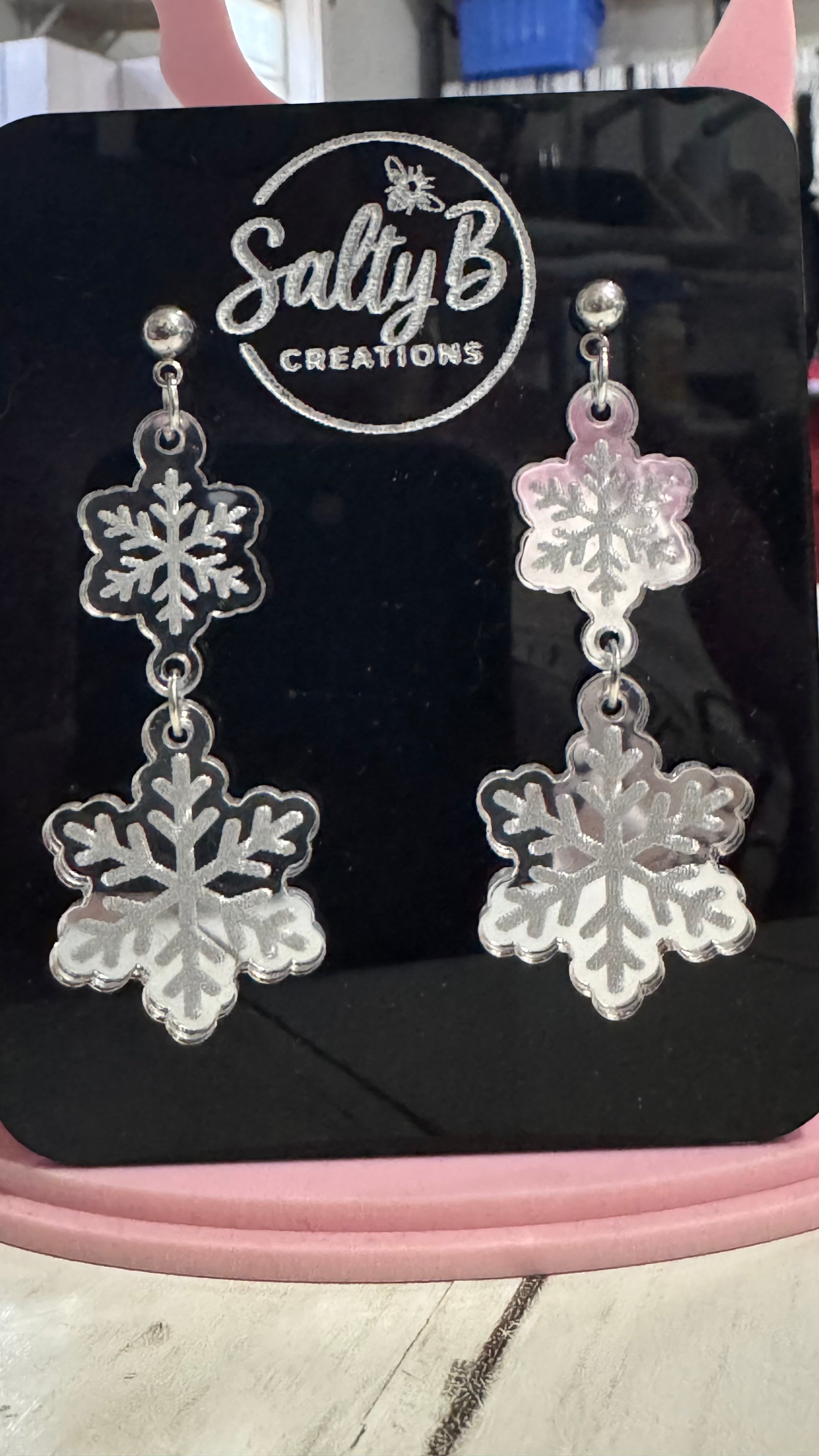 Double Layer Snowflake Mirrored Acrylic Earrings – Handcrafted Winter Jewelry