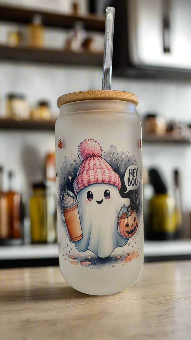 Cute Ghost Glass Can Cup with Bamboo Lid & Straw | Halloween Iced Coffee Tumbler | “Hey Boo” Frosted Cup 16oz