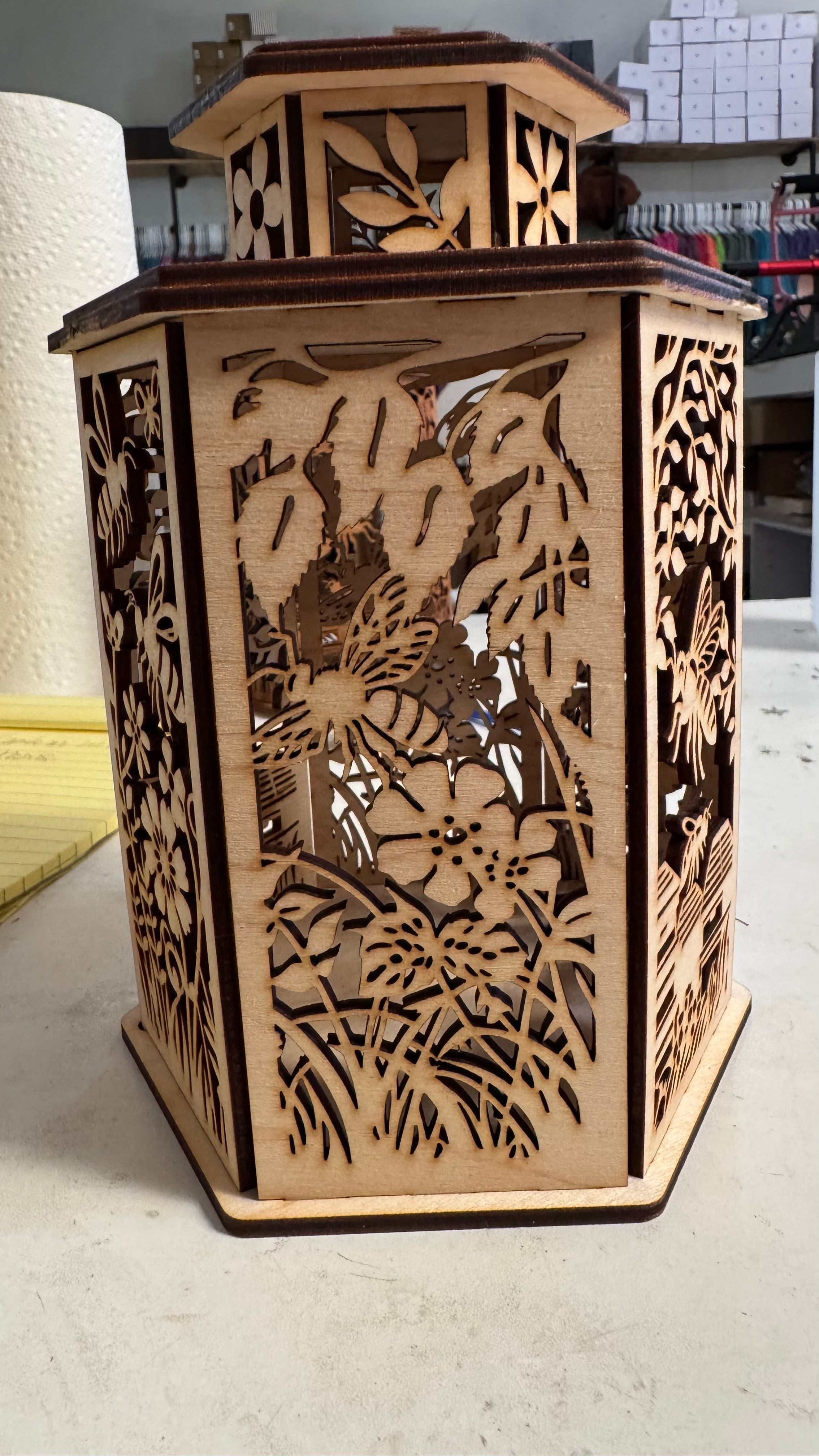 “Bee Haven” Laser-Cut Wooden Lantern