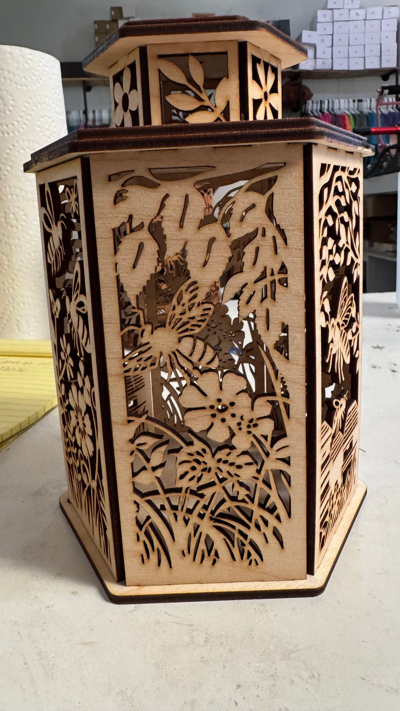 “Bee Haven” Laser-Cut Wooden Lantern
