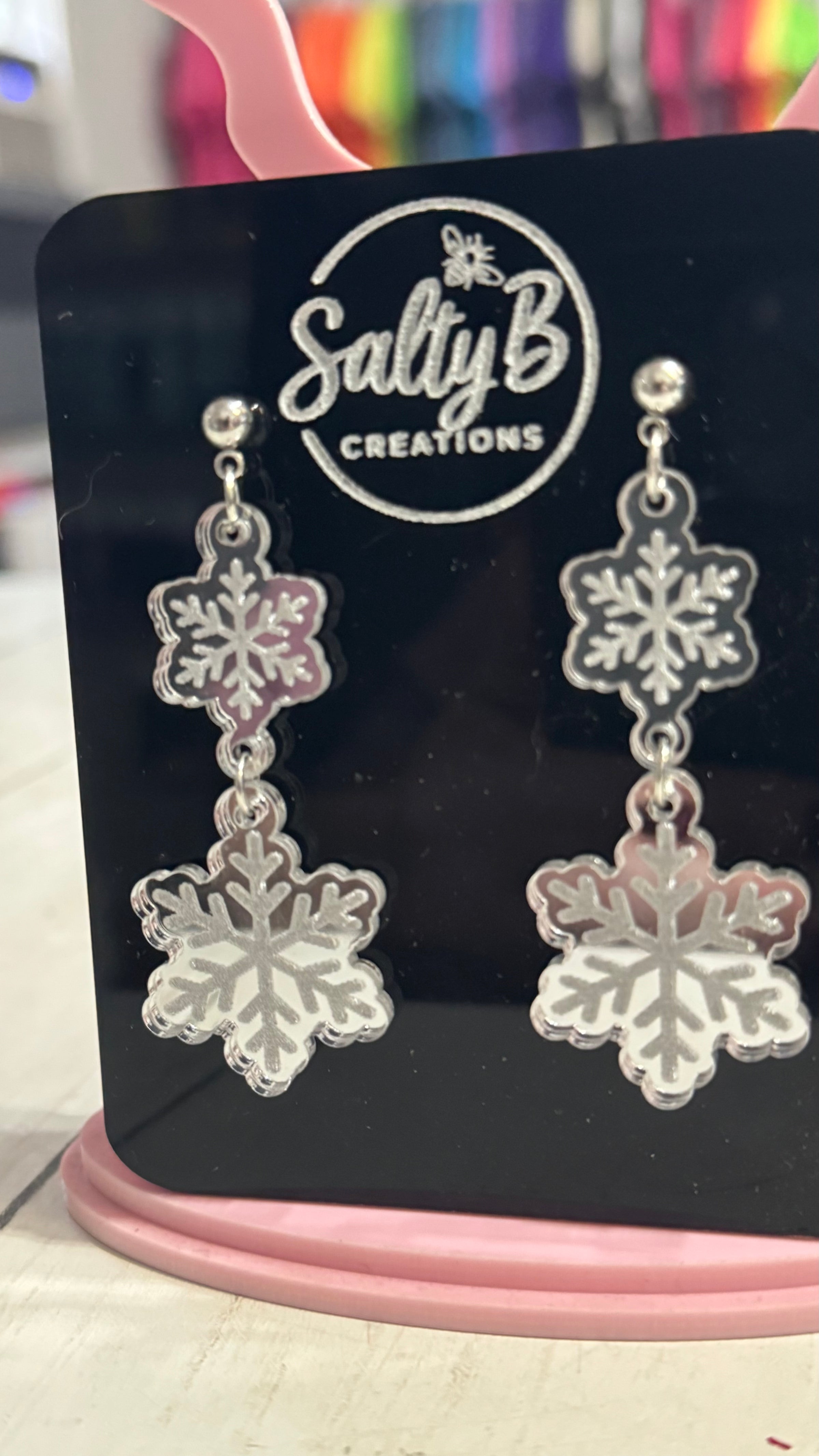 Double Layer Snowflake Mirrored Acrylic Earrings – Handcrafted Winter Jewelry
