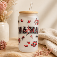 Mama Frosted Glass Tumbler with Bamboo Lid & Straw - Red Skull Flower Design - Cute Mom Gift - 16 oz Can Glass Cup