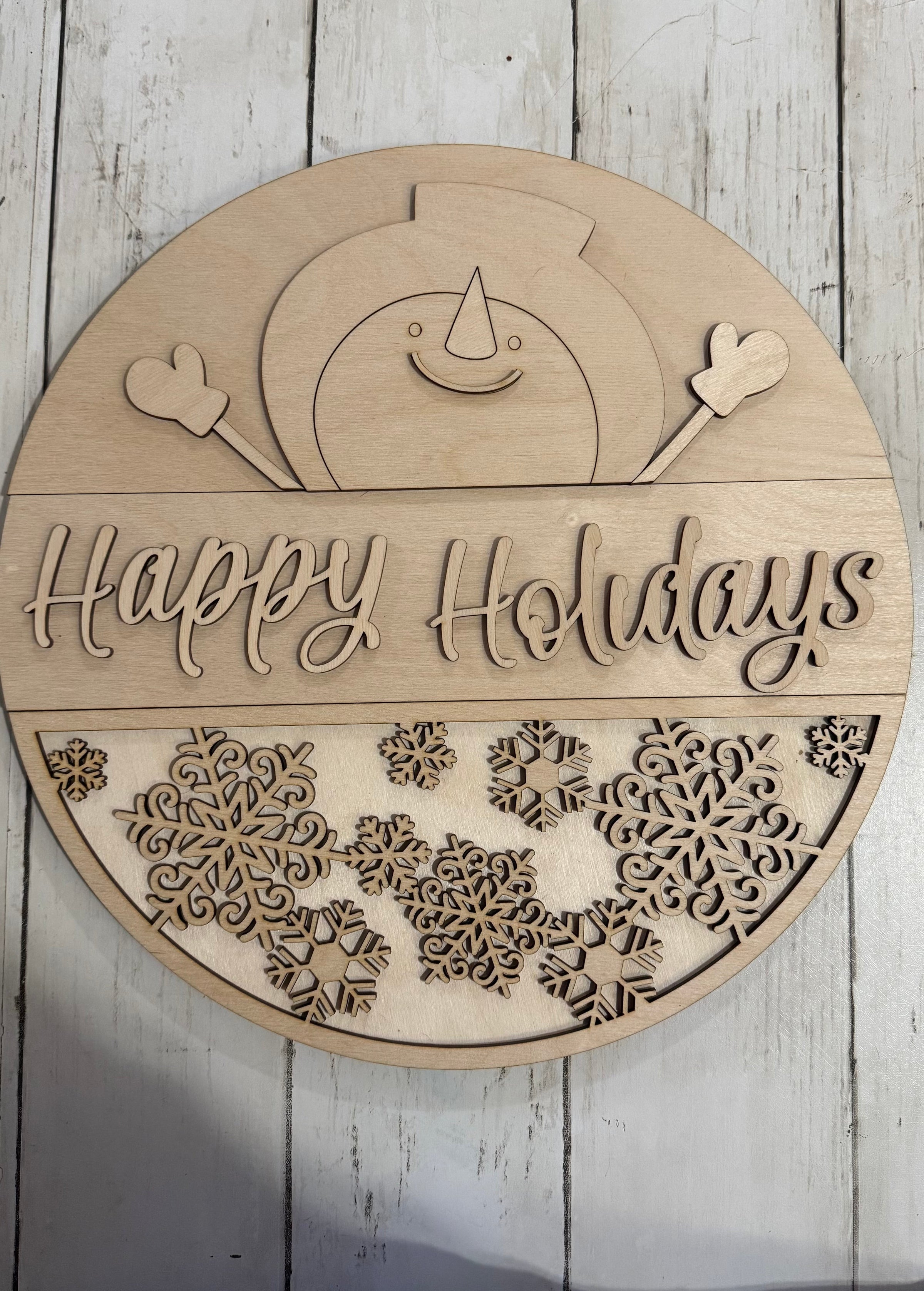 🎄 Happy Holidays Snowman Round – 3D Layered Wooden Door Hanger Blank