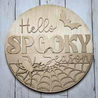 Hello Spooky Season | DIY Laser Cut Blank | Halloween Round Door Hanger | Spider Web Craft Kit | Unfinished Wood Blank