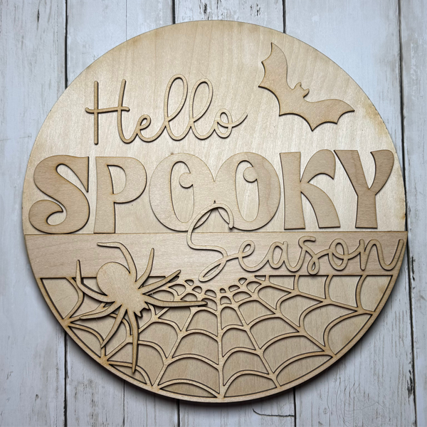 Hello Spooky Season | DIY Laser Cut Blank | Halloween Round Door Hanger | Spider Web Craft Kit | Unfinished Wood Blank