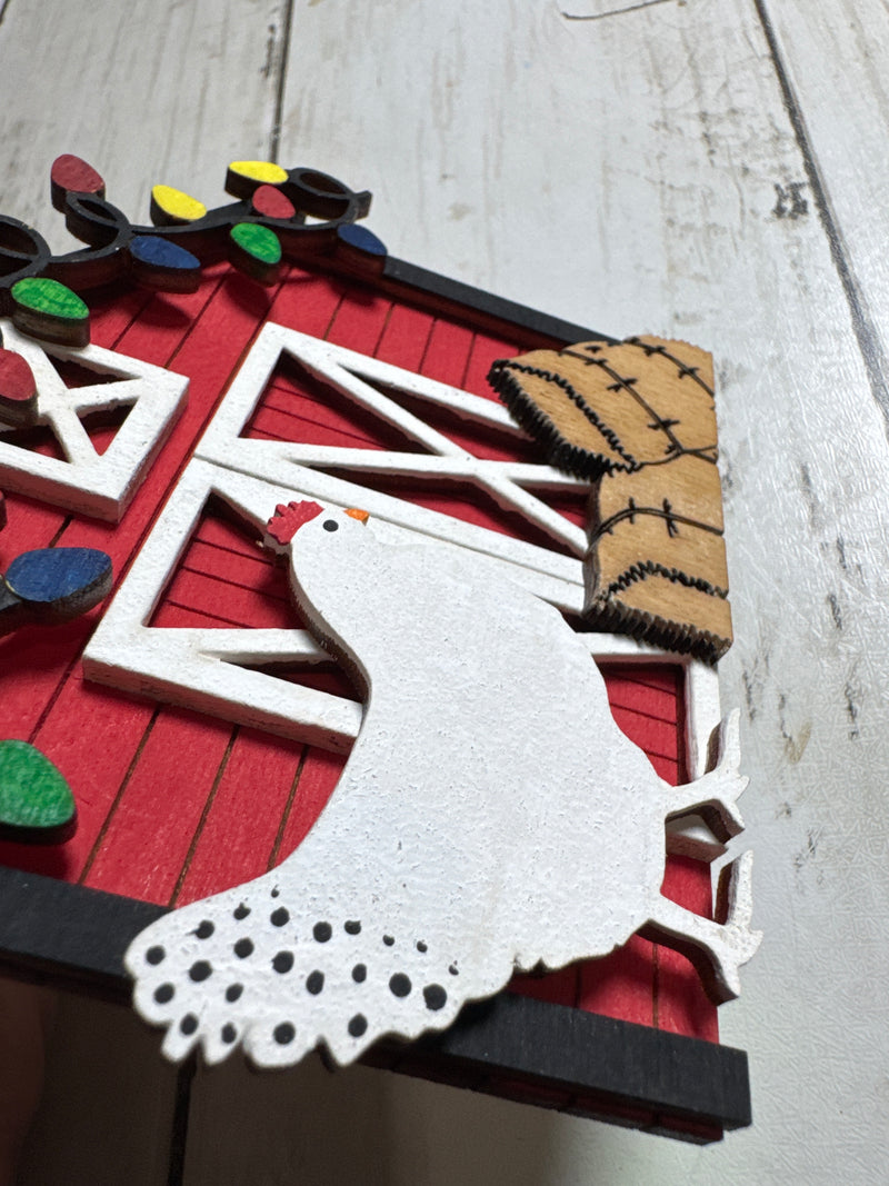 Farmhouse Chicken Barn Ornament – Rustic Wooden Christmas Barn with Lights | Country Farm Animal Tree Ornament | Hen Lover Gift