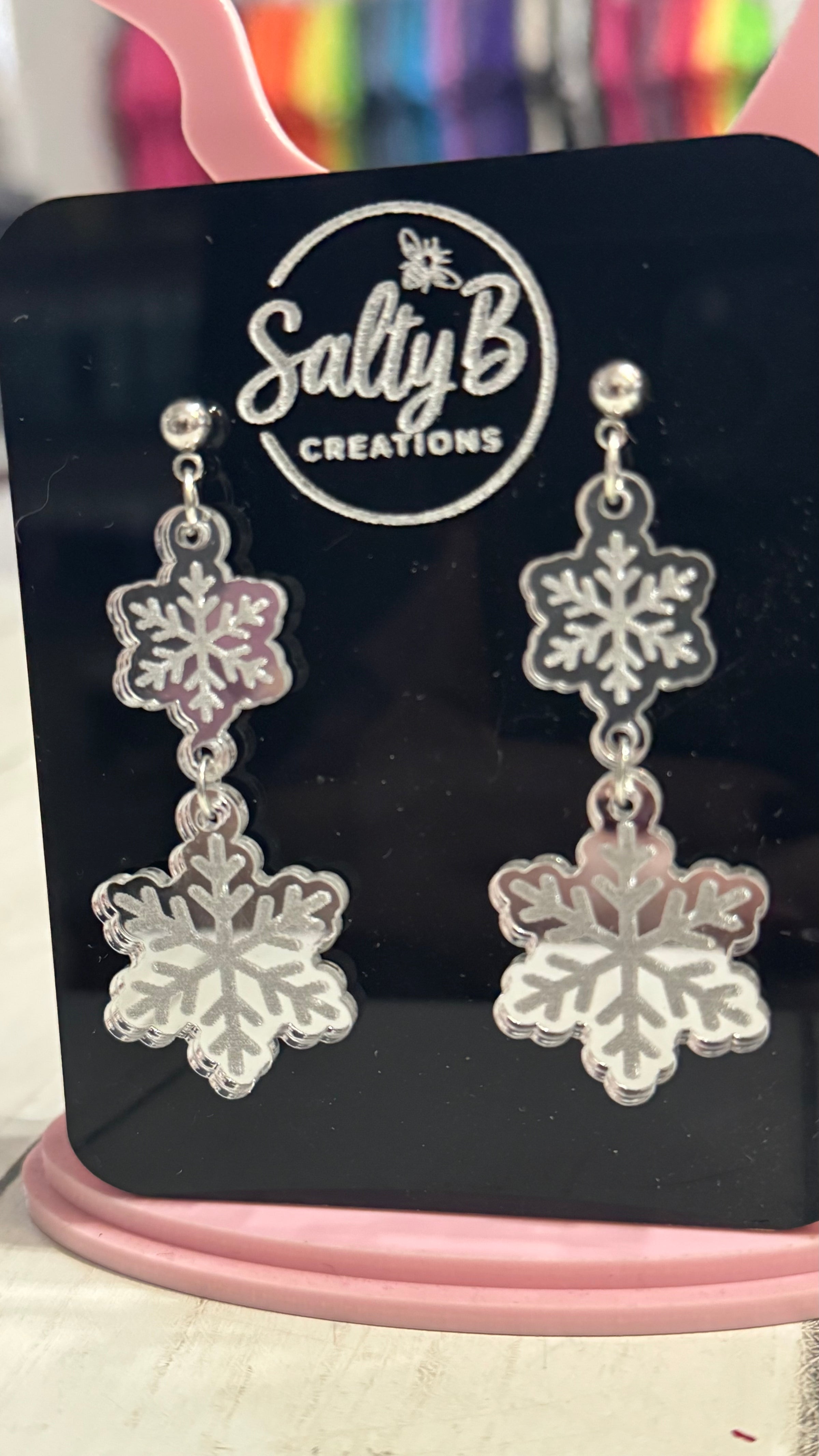 Double Layer Snowflake Mirrored Acrylic Earrings – Handcrafted Winter Jewelry