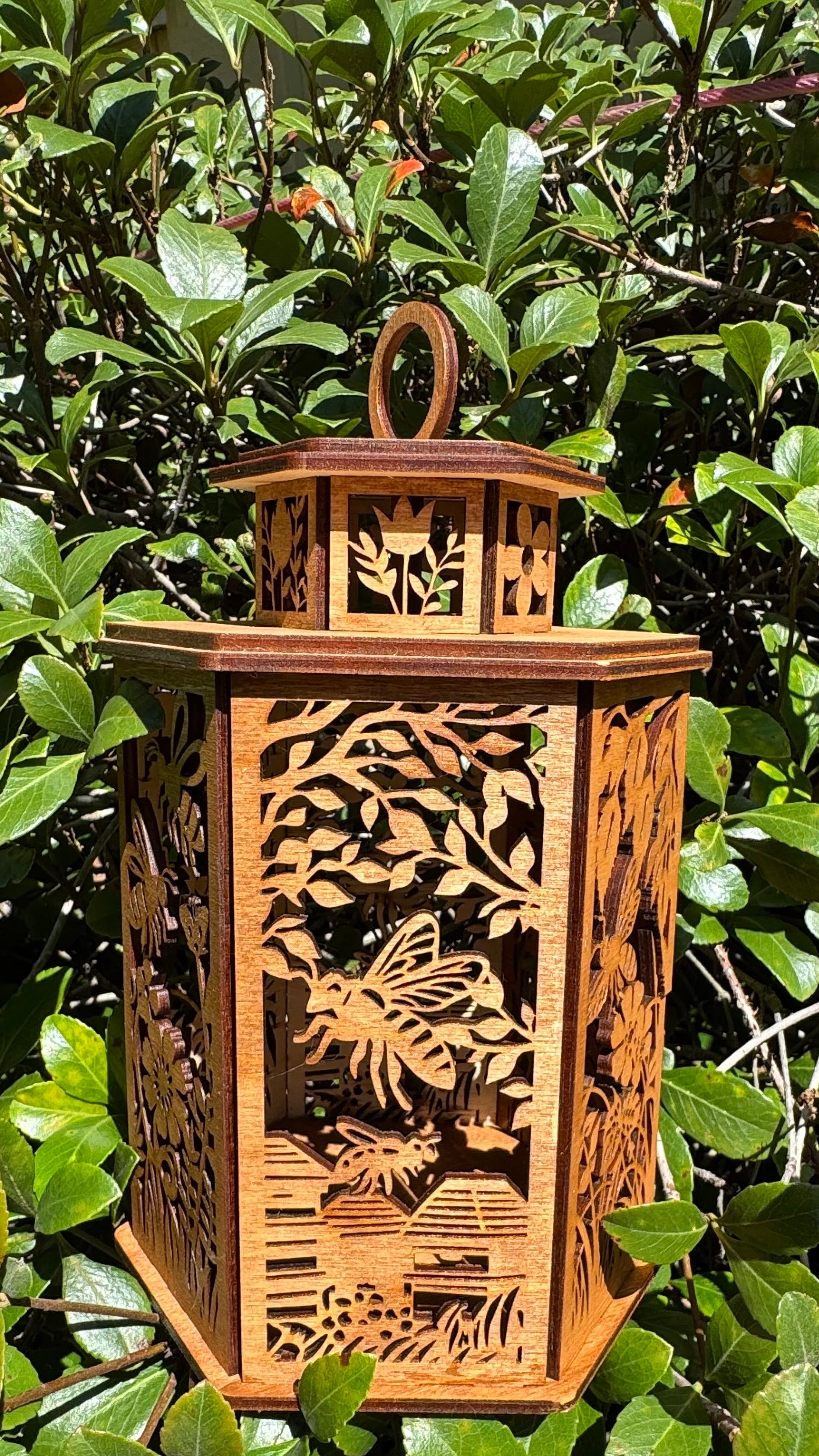 “Bee Haven” Laser-Cut Wooden Lantern