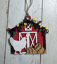 Farmhouse Chicken Barn Ornament – Rustic Wooden Christmas Barn with Lights | Country Farm Animal Tree Ornament | Hen Lover Gift