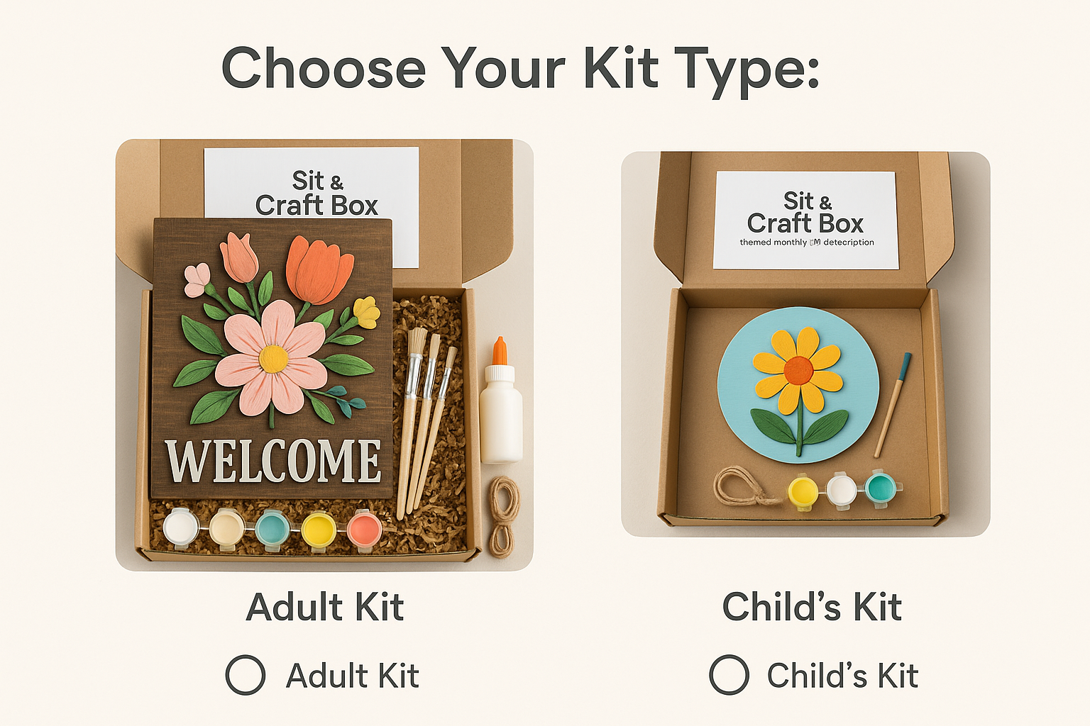 Sit Back & Craft DIY Box displaying options for Adult and Child’s Kits, featuring colorful craft supplies and project examples for everyone.
