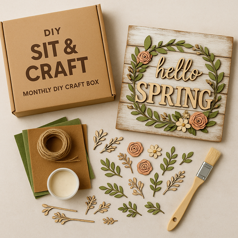 Sit Back & Craft DIY Box featuring a spring-themed craft project with decorative elements including a wooden sign, florals, and craft supplies.