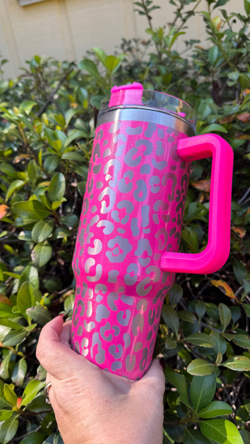 Pink Leopard Cancer Awareness Tumbler – 40oz Stainless Steel Travel Mug with Handle & Straw