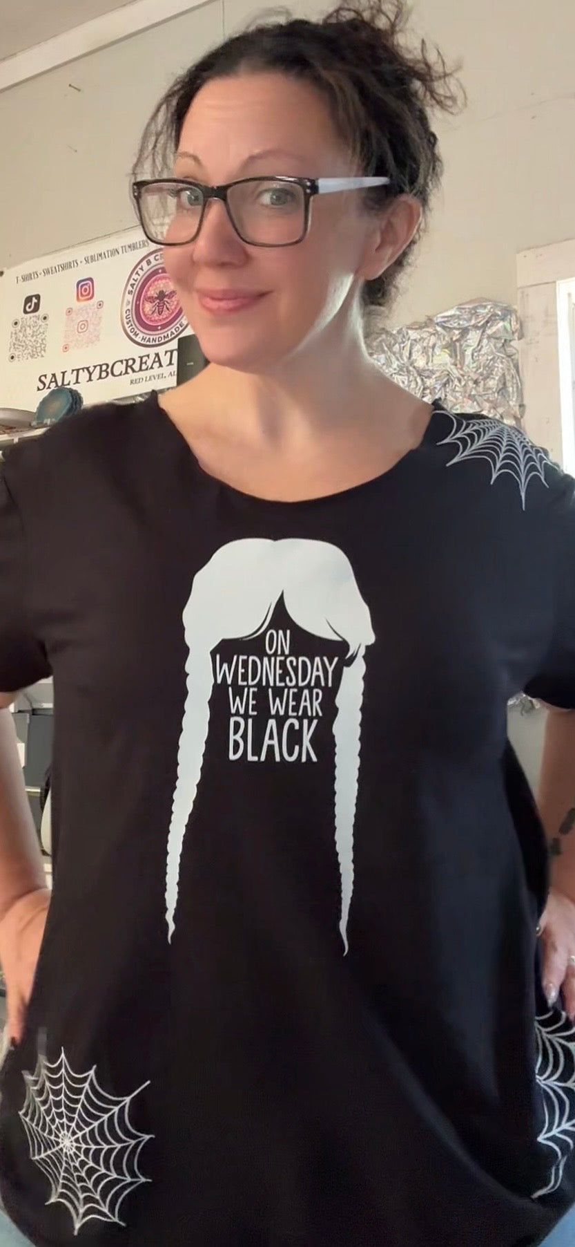 On Wednesday We Wear Black T-Shirt – Gothic Wednesday Addams Graphic Tee with Braids & Spider Web Design