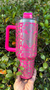 Pink Leopard Cancer Awareness Tumbler – 40oz Stainless Steel Travel Mug with Handle & Straw