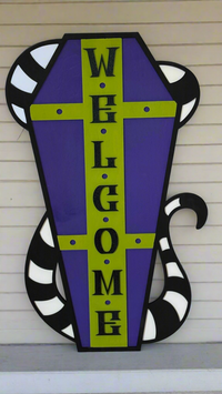 Halloween Coffin Door Hanger/Porch Leaner – 24” x 16” Wooden Welcome Sign, Purple & Green Beetlejuice Inspired Stripes – Front Door Halloween Decoration