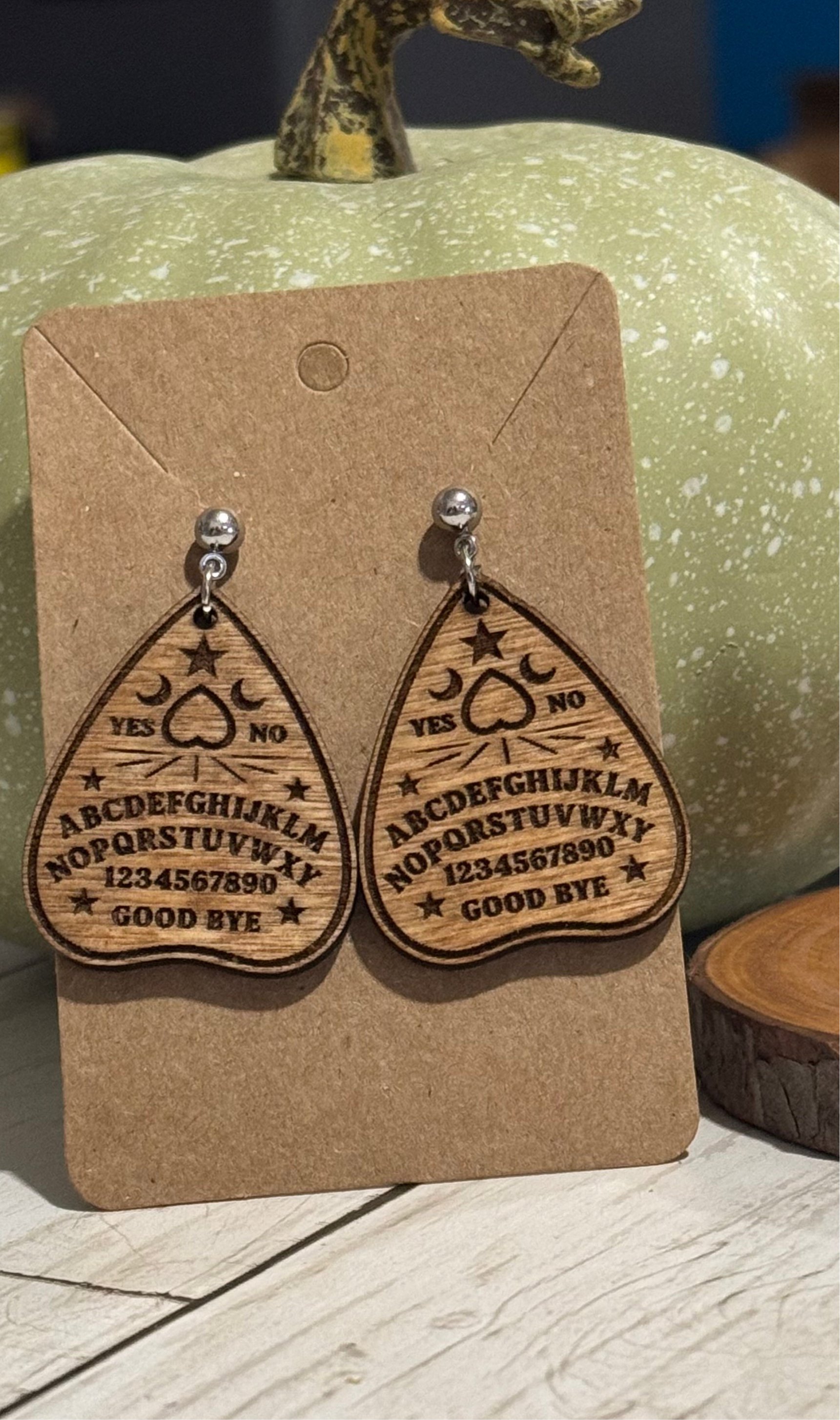 Ouija Board Planchette Earrings – Laser Engraved Wooden Spooky Jewelry, Gothic Witchy Accessories