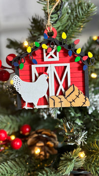 Farmhouse Chicken Barn Ornament – Rustic Wooden Christmas Barn with Lights | Country Farm Animal Tree Ornament | Hen Lover Gift