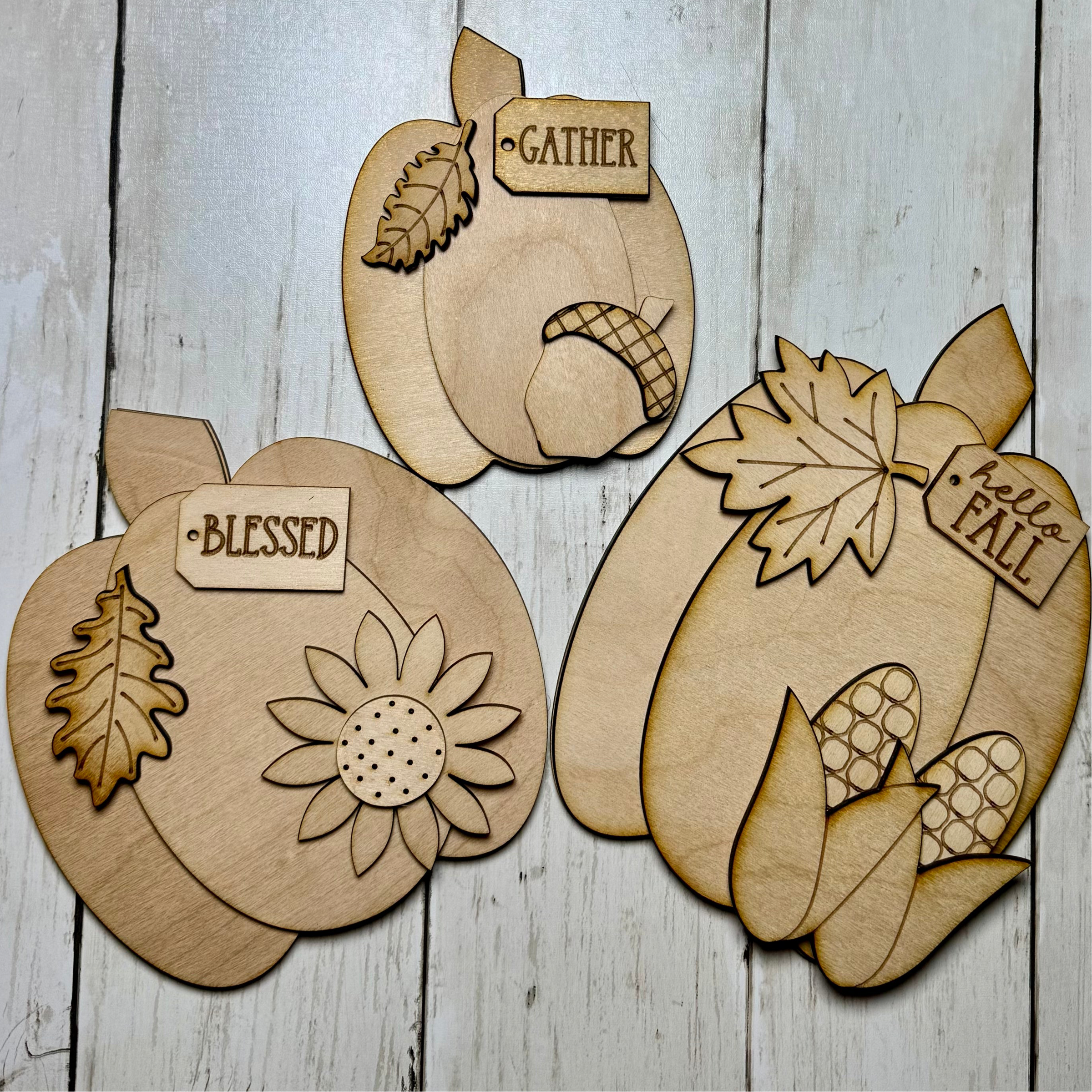 Fall Pumpkin Laser Cut Blanks | Gather, Blessed, Hello Fall | DIY Autumn Craft Kit | Unfinished Wood Shapes