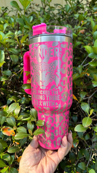 Pink Leopard Cancer Awareness Tumbler – 40oz Stainless Steel Travel Mug with Handle & Straw