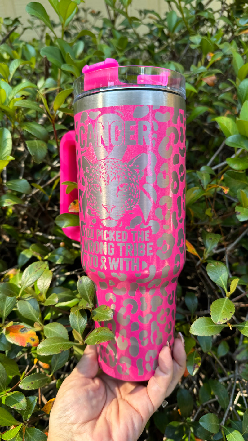 Pink Leopard Cancer Awareness Tumbler – 40oz Stainless Steel Travel Mug with Handle & Straw