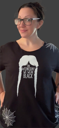 On Wednesday We Wear Black T-Shirt – Gothic Wednesday Addams Graphic Tee with Braids & Spider Web Design