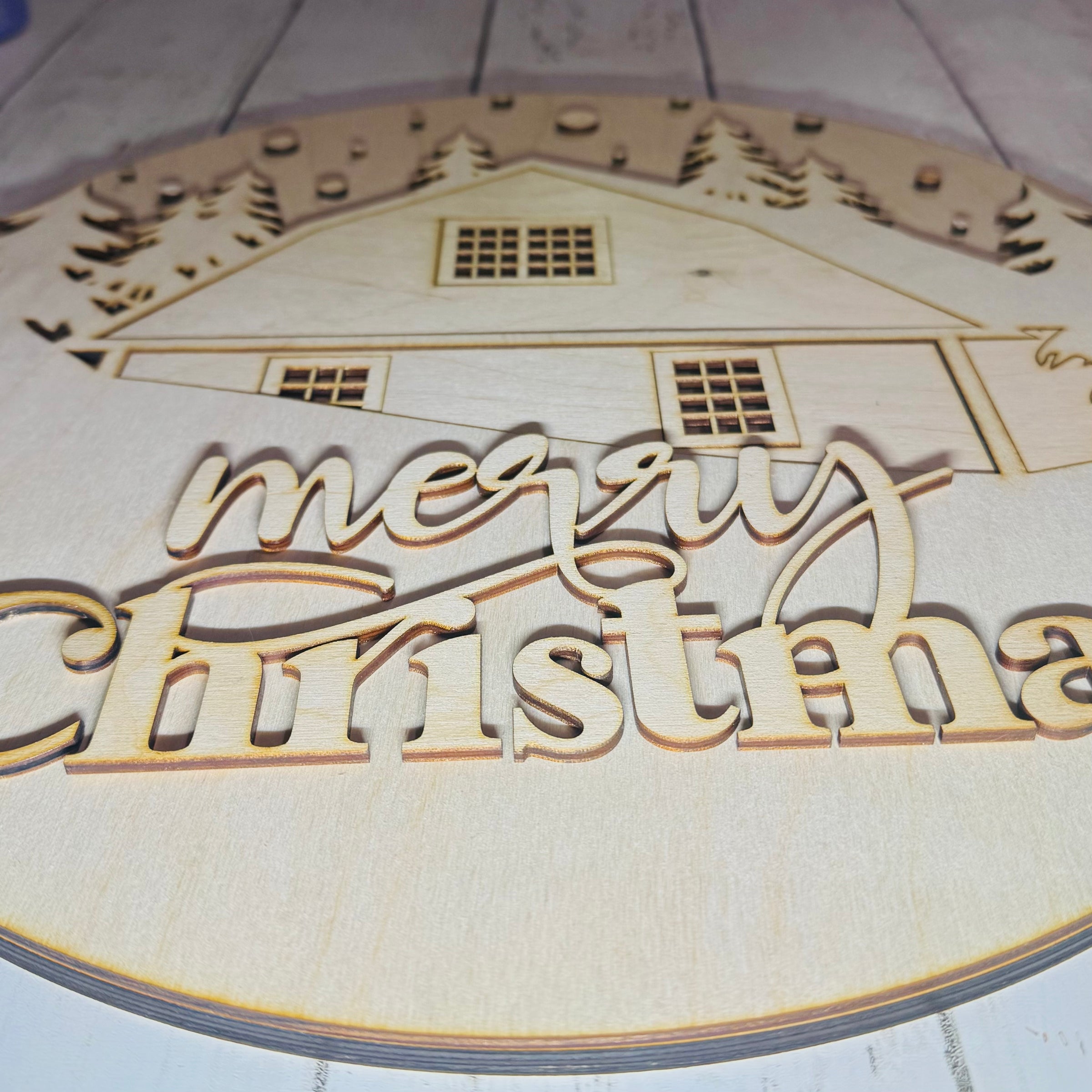 Merry Christmas Cabin Round Sign – Laser Cut Wooden Cutout Wall Decor