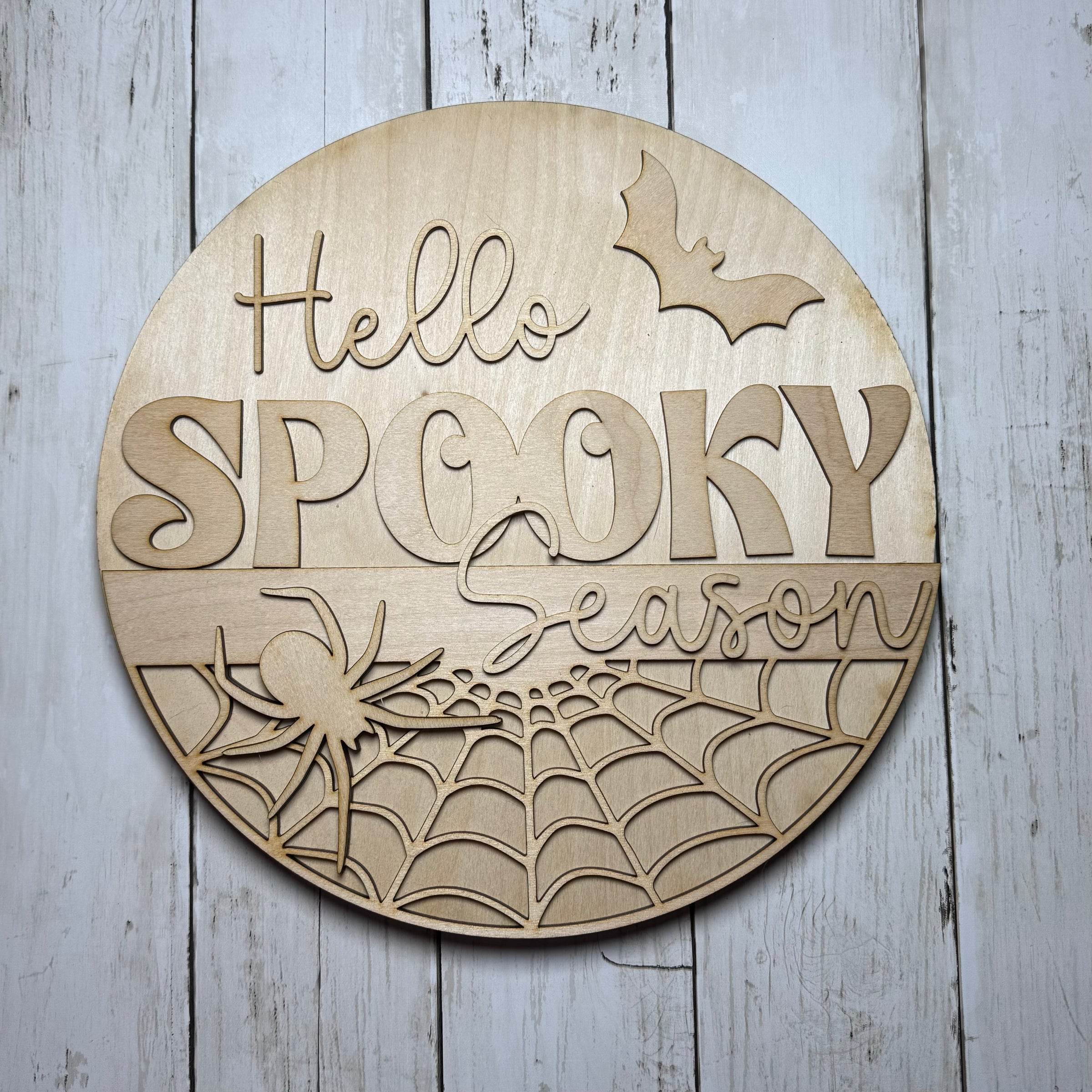 Hello Spooky Season | DIY Laser Cut Blank | Halloween Round Door Hanger | Spider Web Craft Kit | Unfinished Wood Blank