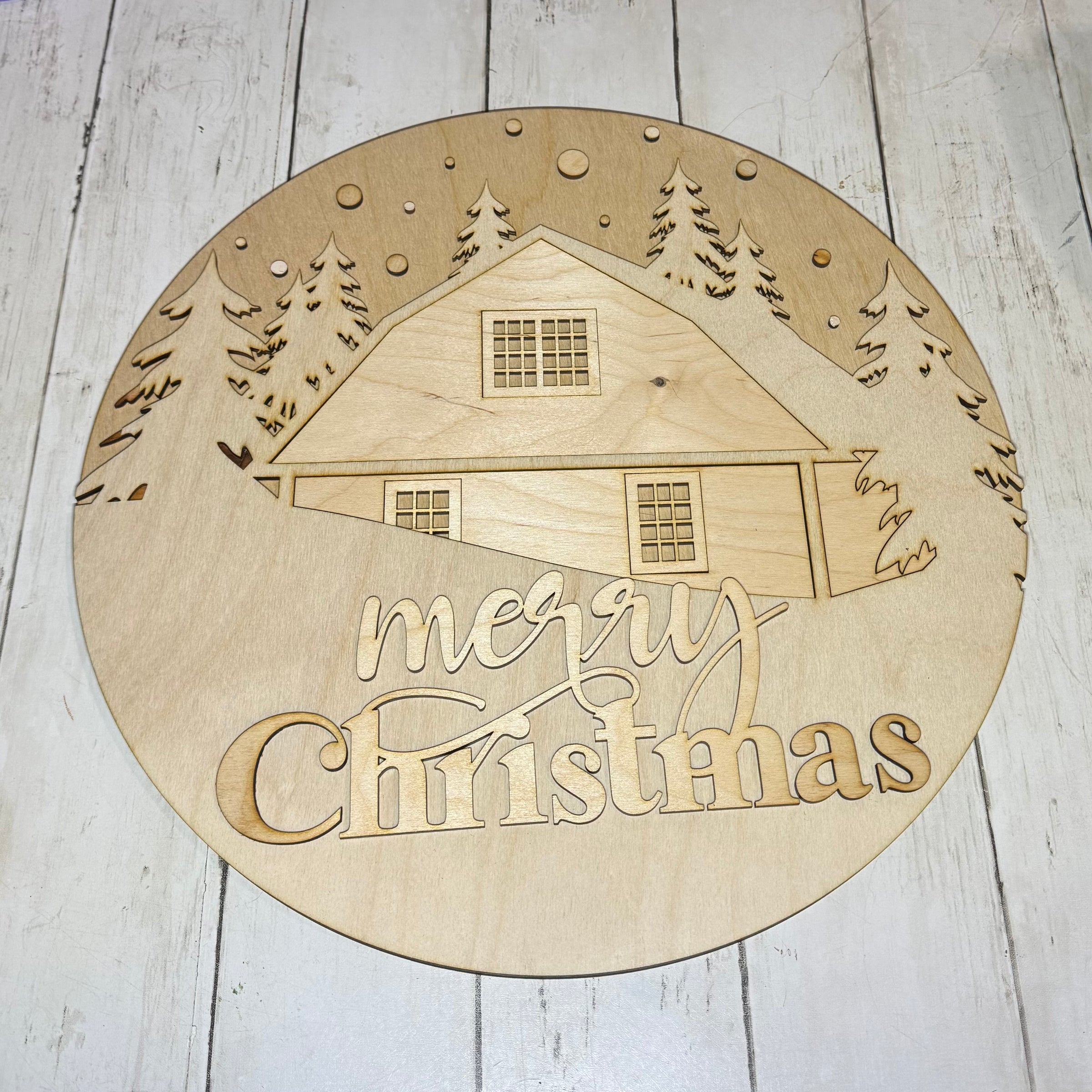 Merry Christmas Cabin Round Sign – Laser Cut Wooden Cutout Wall Decor