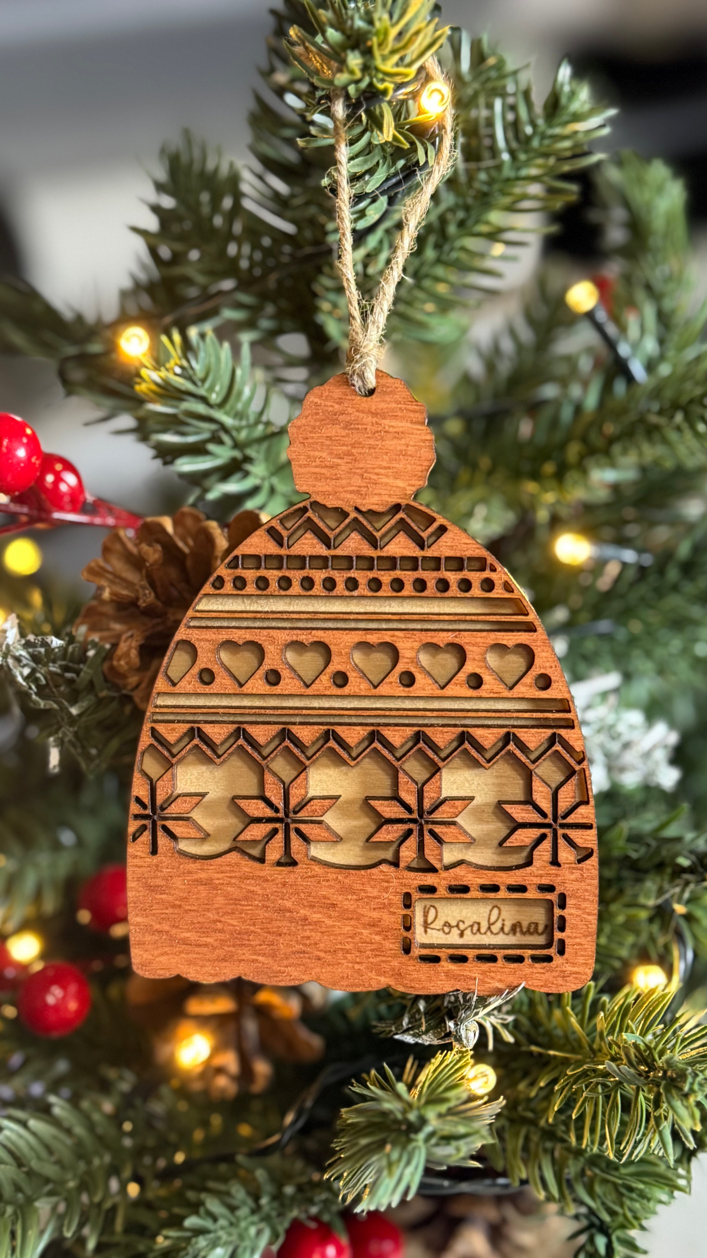 Personalized Wooden Beanie Ornament – Custom Name Christmas Ornament | Laser Cut Holiday Hat Décor | Rustic Farmhouse Tree Ornament