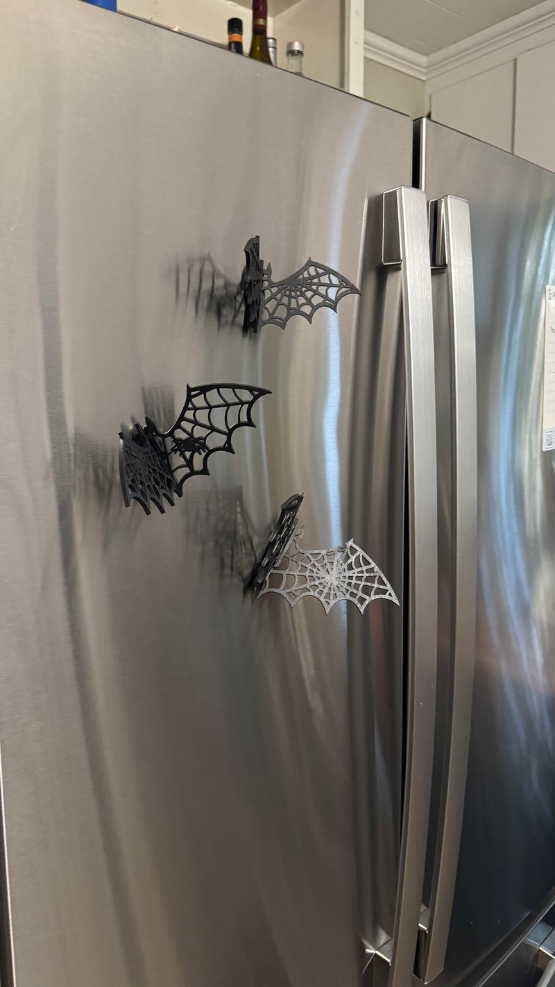 3-Pack Wooden Bat Magnets – Halloween Spiderweb Fridge Decor