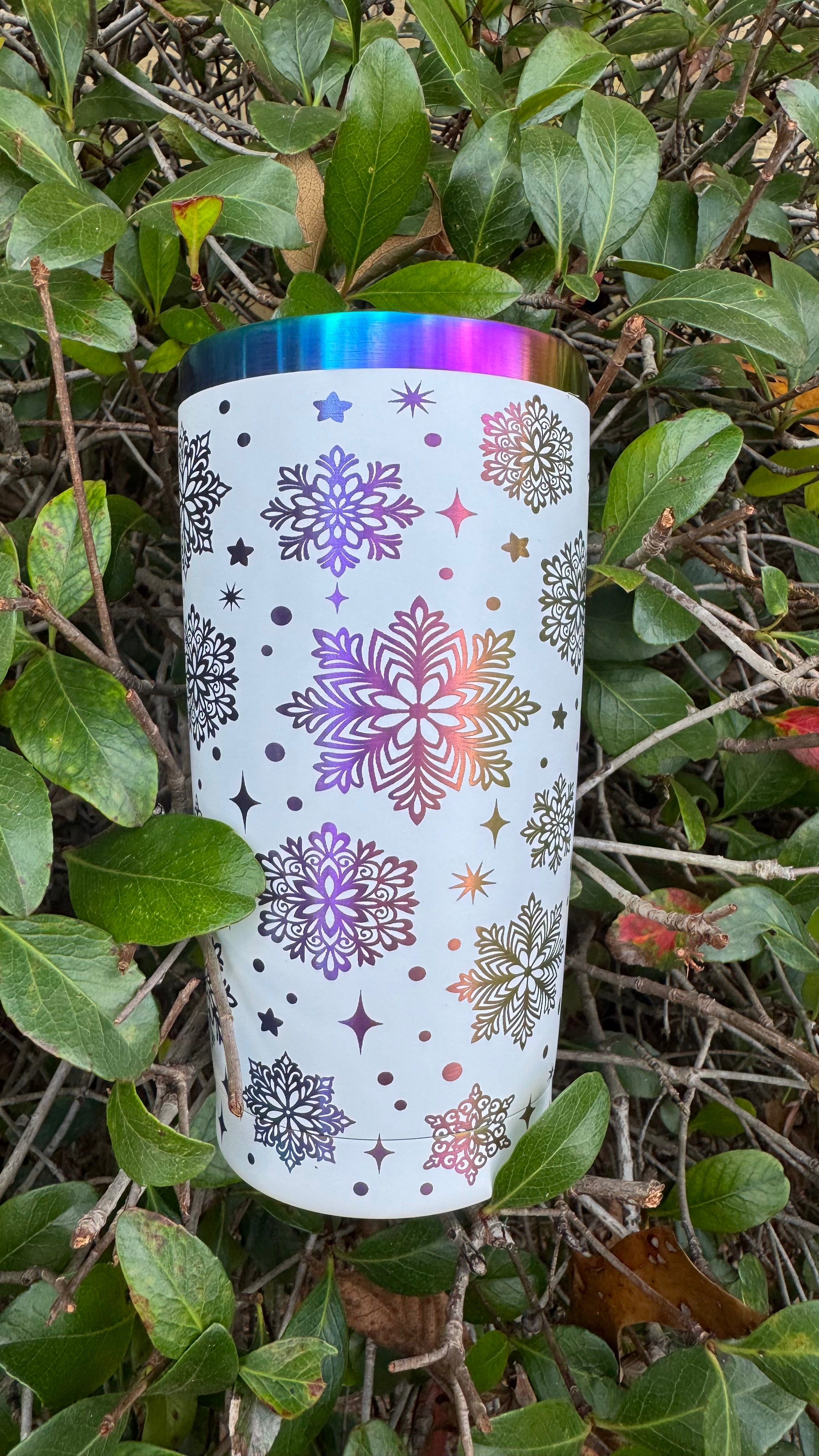 20oz Rainbow-Plated Snowflake Tumbler – Laser Engraved Stainless Steel
