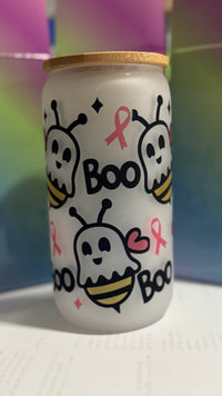 Boo Bee Breast Cancer Awareness Glass Can | Frosted Cup with Bamboo Lid | Cute Halloween Support Gift