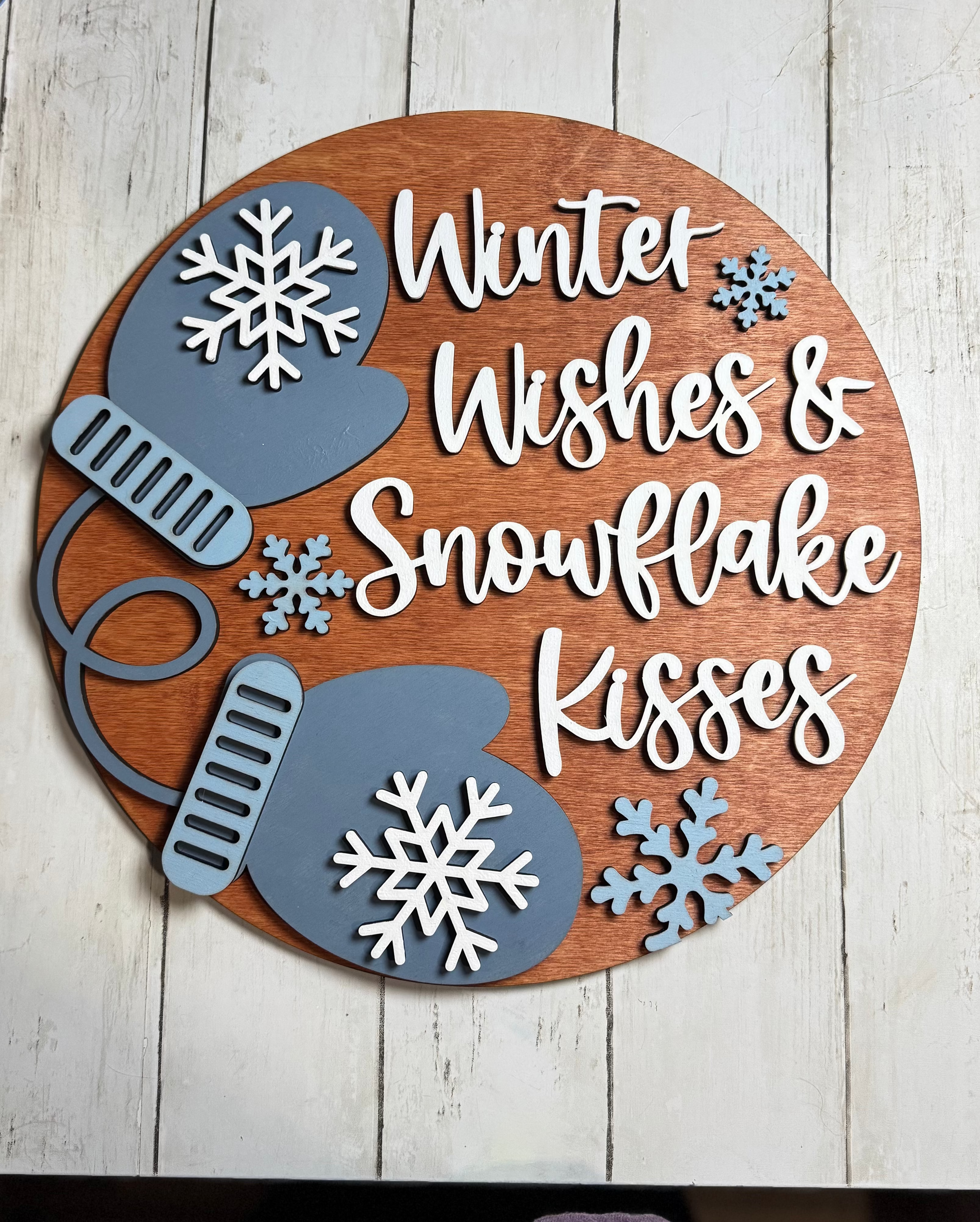 Winter Wishes & Snowflake Kisses Wooden Door Hanger – Layered 3D Winter Sign