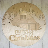 Merry Christmas Cabin Round Sign – Laser Cut Wooden Cutout Wall Decor