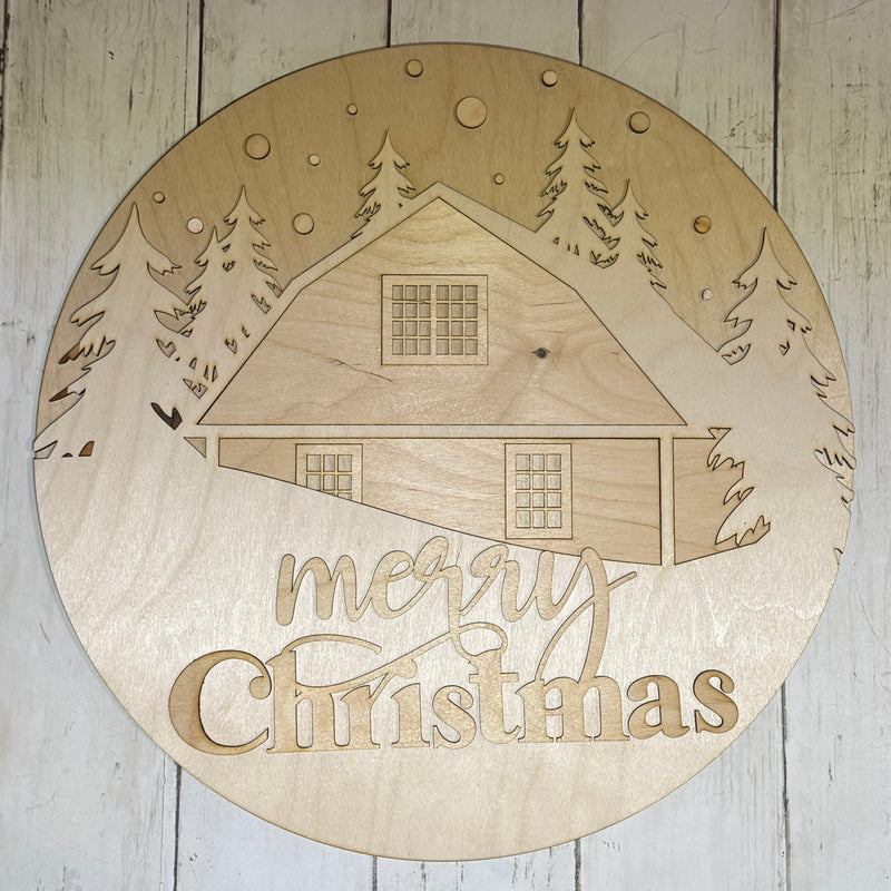 Merry Christmas Cabin Round Sign – Laser Cut Wooden Cutout Wall Decor