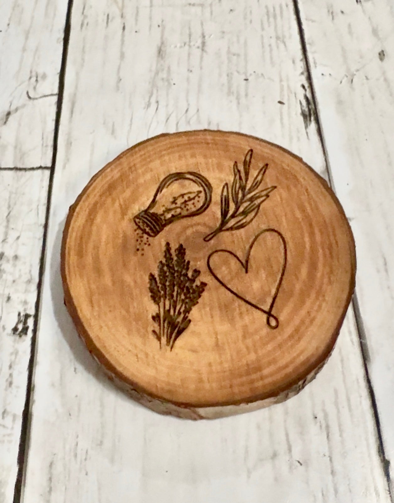 Magical Wooden Engraved Coaster – Salt, Rosemary, Lavender & Love Design | Rustic Wood Slice