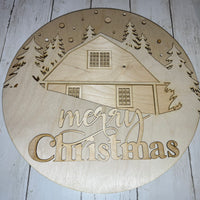 Merry Christmas Cabin Round Sign – Laser Cut Wooden Cutout Wall Decor