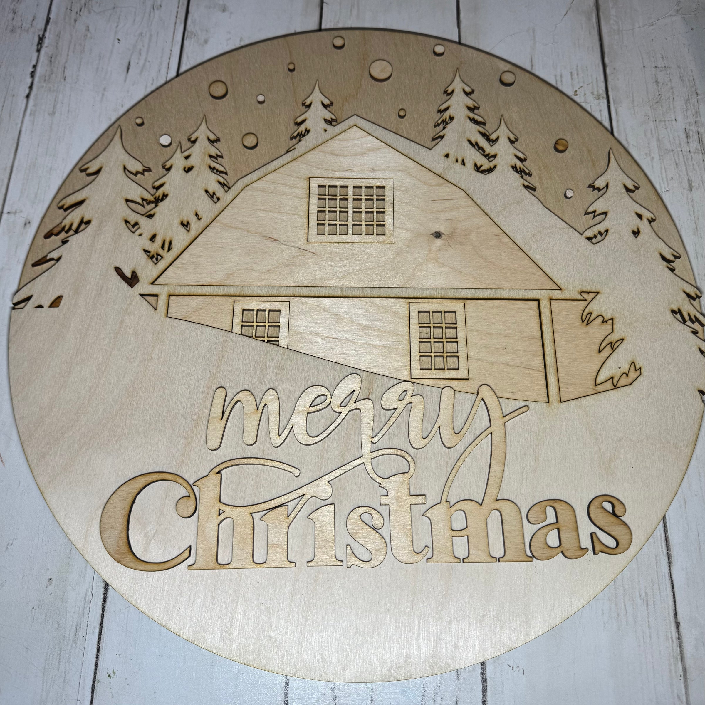 Merry Christmas Cabin Round Sign – Laser Cut Wooden Cutout Wall Decor